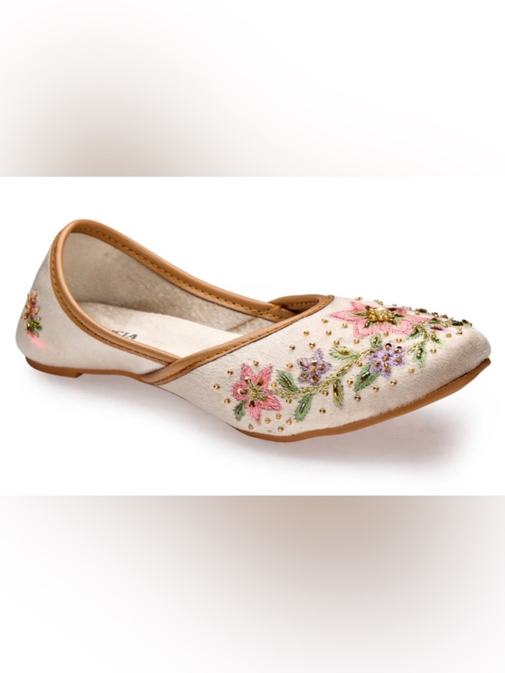Fuchsia Rosabelle Embroidered Cream Floral Flat with Gold Bead Accents